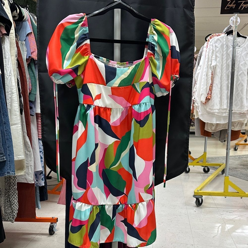 Vibrant Multicolor Puff Sleeve Midi Dress